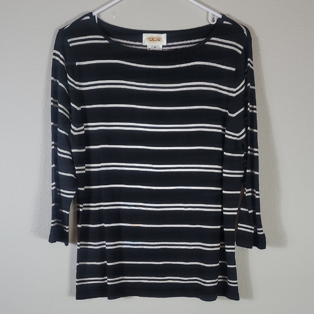 Talbots 100% Silk Sweater Size M Black White Stripes Old Money Quiet Luxury